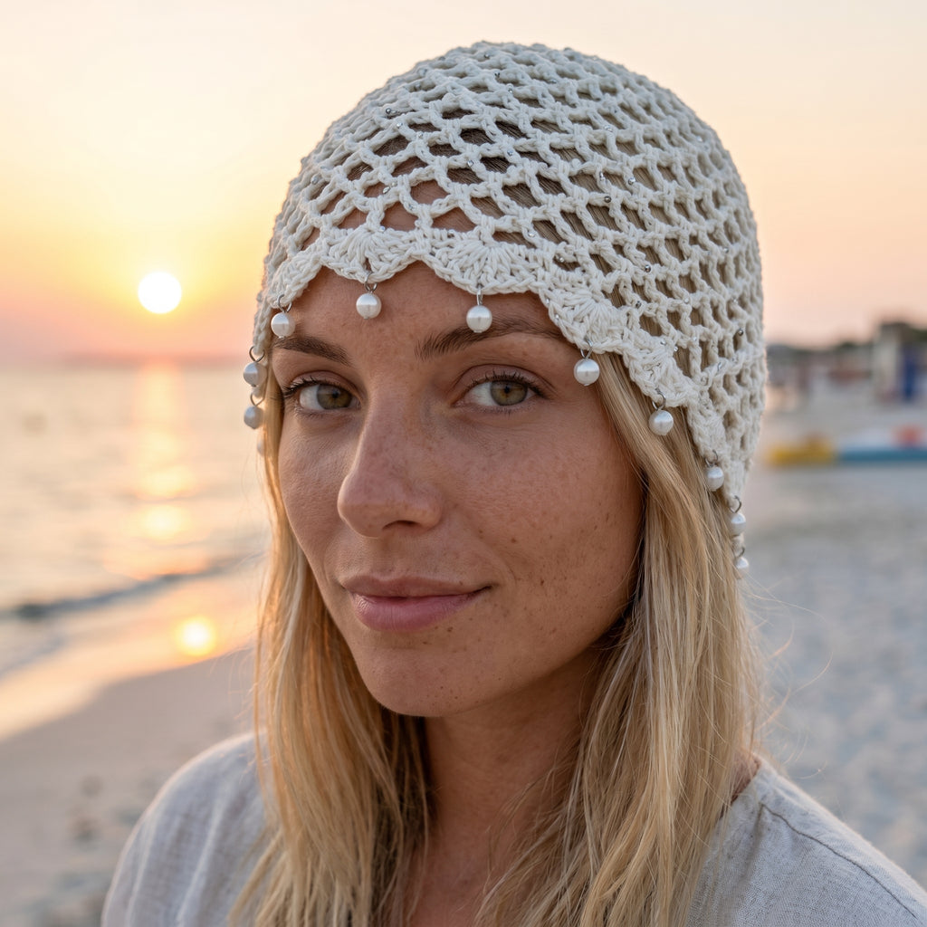 CAPPELLO IN RETE -  100% COTONE  - RICAMATO AD UNCINETTO