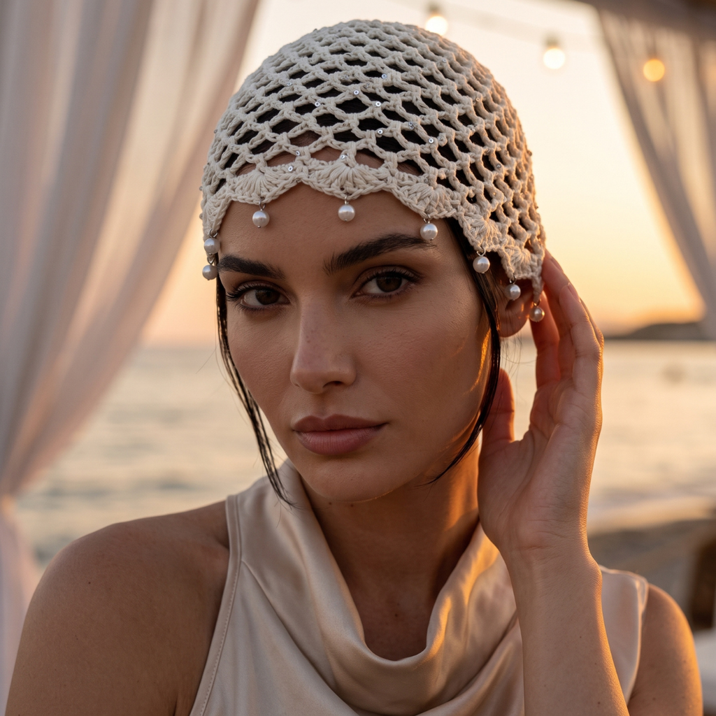 CAPPELLO IN RETE -  100% COTONE  - RICAMATO AD UNCINETTO